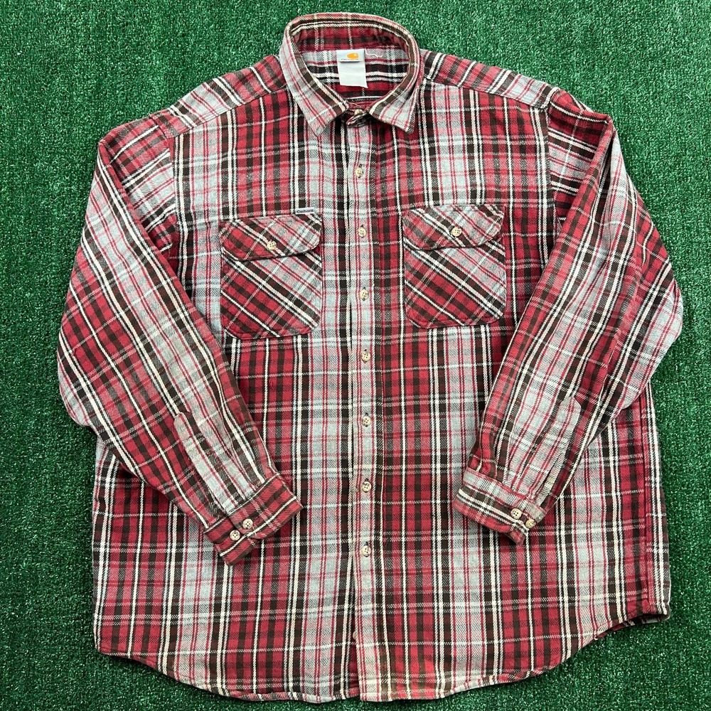 Vintage Carhartt Heavyweight Plaid Flannel Button Up Shirt‎ Mens XL Red 90s